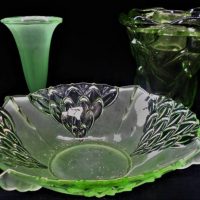 3 x pieces of Green glass including Trumpet vase and bowl  1 piece aft - Sold for $43 - 2019