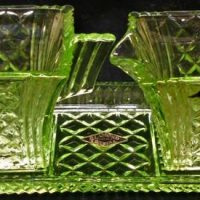 Art Deco Bohemia Diamond Crystal green uranium glass creamer, sugar and tray set - original stickers - Sold for $81 - 2019