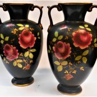 Pair c1920s Sylvac black matt Vases decorated with gilding and red roses - 24cms H - Sold for $56 - 2019