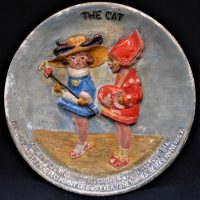 Unusual Vintage BETTY PATERSON c192030's Comical Plasterware WALL PLAQUE - Raised 3D image of 2 Art Deco Girls & Text titled 'THE CAT' - Inscribed BET - Sold for $56 - 2019