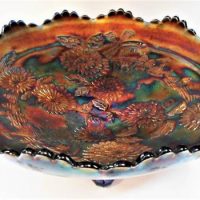 Vintage Blue Fenton Marigold Chrysanthemum and Windmills Carnival glass three footed bowl 26cm - Sold for $68 - 2019