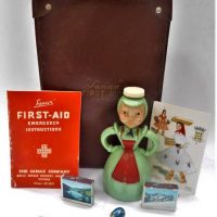 Vintage Sanex fibreboard First Aid case and contents inc, vintage hat - pins, plastic lady sifter, postcard, etc - Sold for $43 - 2019