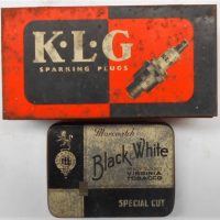 3 x Vintage tins incl Town Talk,  KLG Spark plugs and Marcovitch Black and white tobacco - Sold for $43 - 2019