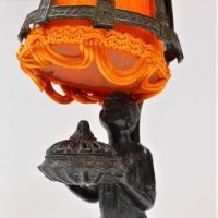 LV Aronson Art Deco metal  Egyptian revival lamp featyrung women kneeling holding lidded bowl and orange shade - Sold for $397 - 2019
