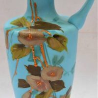 Victorian Blue Satin Glass handblown GLASS Jug - HPainted & Enamelled Floral design to front - 25cm H - Sold for $37 - 2019