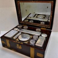 Victorian Cedar cased Travelling Toiletry Set - Cut Crystal & Silver plated Accoutrements, lift out fitted tray, very close to being complete, brass b - Sold for $186 - 2019