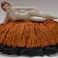 c1900 German porcelain bathing belle on silk  dressing table box lid - Sold for $37 - 2019