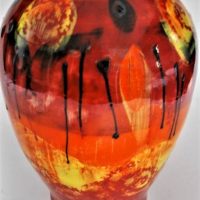 1980s Jo Fraser  Bendigo Pottery vase in Orange, yellow  and red Glaze - 14cm H - Sold for $68 - 2019