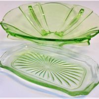 2 x Pieces of 1930s Green Uranium glass - Tray, Bowl - Sold for $37 - 2019