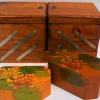 2 x Vintage Chinese wooden boxes with floral pokerwork design and cantilever sewing box - Sold for $43 - 2019