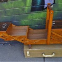 2 x items - Cantilevered sewing box and 1950s Brexton picnic set in suitcase with Bakelite attachments - Sold for $35 - 2019