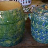 2 x vintage mottled blue and green Australian pottery bread crocks- Bosley one with lid - Sold for $56 - 2019