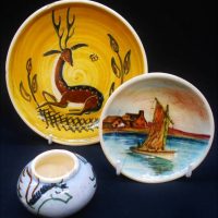 3 x Pieces of Australian pottery - hand painted Martin Boyd pin dish, plate and pot -  largest 17cm dia - Sold for $27 - 2019