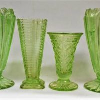 4 x Green Depression glass vases tallest - 21cm - Sold for $62 - 2019