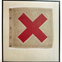 Framed 1981 'Time Site Series - ed 5960' - TIM STORRIER (1948 - ) mixed media 'Site Flag' stitched fabric with hand stained cross - 55cm x 59cm - Sold for $683 - 2019
