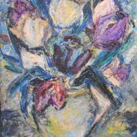 Framed ISABEL HUNTINGTON oil painting - 'The Purple Tulips' - signed lower left, further details verso - H 37cm x W 29cm - Sold for $37 - 2019