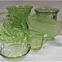 Group of Green Depression glass  incl jugs, Bowls, vases etc - Sold for $81 - 2019