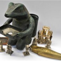 Group of figurines including greeting card Frog , Pewter holy men, and brass Egyptian sarcophagus etc - Sold for $50 - 2019