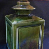 Large mid-century ceramic table lamp - green square base with beige material shade - Sold for $37 - 2019