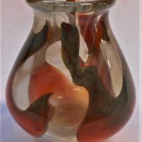 Modern TRUDY HARRIS Australian Art Glass VASE - Clear w Red & Grey colouring, signed & dated 1981 to base - 13cm H - Sold for $25 - 2019