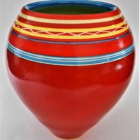 Njalikwa Chongwe modern Australian Pottery raku fired vase - special red and other coloured glaze - 17cm - Sold for $50 - 2019