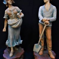 Pair of c1900 German figurine 'The Harvest couple' signed Theodore Schoop to backs, manufacturers marks to base -36cm tall - Sold for $62 - 2019