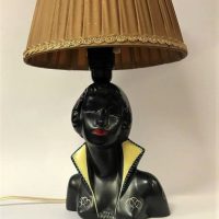 Retro Mid Century Modern BARSONY Australian Pottery Lamp - Girl w High Pointed Collar - HPainted detail, w Original Ribbon shade - Sold for $373 - 2019