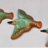 Set of 3 x 1950s Diana Australian pottery blue and tan Kingfisher wall plaques, largest marked S14 - 23cmsD - Sold for $186 - 2019