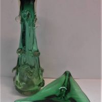 2 x pieces of Vintage green art glass incl Tree trunk vase 30cm tall AF - Sold for $37 - 2019