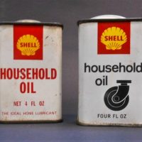 2 x vintage white and red Shell household oil Tins (4 fl Ozs) - Sold for $84 - 2019