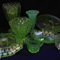 Group of 1930s Green Depression glass including Art Deco vase with frog, dishes etc - Sold for $87 - 2019