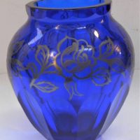Heavy Cut Blue crystal glass vase with faceted edges and silver  floral overlay - Sold for $37 - 2019
