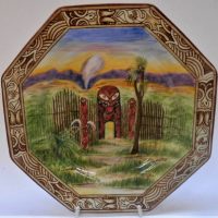 Vintage Grimwades 'Maoriland Pa Gateway lustreware octagonal Cabinet plate - handpainted by Roger Winton - 22cms D - Sold for $62 - 2019