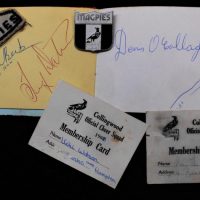 Small group lot VFL Collingwood Football Club ephemera, etc incl autograph book, 1969 Cheer Squad Membership metal badge and small sew-on badge - Sold for $31 - 2019