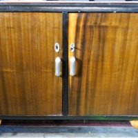 Unusual Art Deco Veneered lockable Walnut Glory Chest with two doors, shelving and lift up top - Sold for $37 - 2019