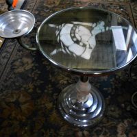 1950s chromed round glass topped smokers stand featuring etched Ballerina - Sold for $56 - 2019