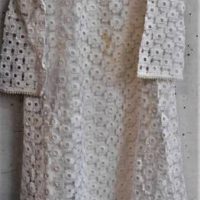 1960s Mod style Wedding Dress - heavy cotton stylised floral lace with high collar and long sleeves - Sold for $62 - 2019