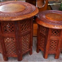 2 x oriental  teak side tables with carved folding bases and carved tops with brass inlaid decoration - graduating sizes - Sold for $43 - 2019
