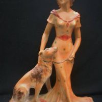 Art Deco plaster lady statue of a Lady in a spotted drew with her dog - 54cm tall - Sold for $62 - 2019