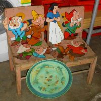 Group lot - kids vintage items inc, 2 x wooden chairs, tin Disney round tray and wooden cut outs themed from Snow White and the Seven Dwarves - Sold for $37 - 2019