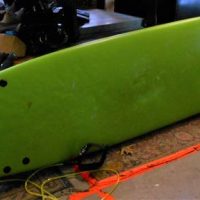Large Modern MALIBU Surfboard - 3 Fins, leg rope, etc - Foam body w slick plastic base - Sold for $43 - 2019