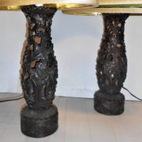 Pair c1970s Balinese Ebony wood LAMPS - heavily carved & Pierced design featuring Figures & Foliage - original matching shades - Sold for $50 - 2019