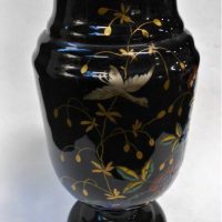 Victorian BLACK Glass Vase - Hand decorated in Gold & Silver leaf + Enamelled Floral - 30cm H - Sold for $60 - 2019