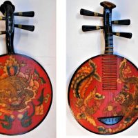 Vintage Chinese lacquerware  Yueqin (moon guitar) redblack with high relief applied dragon and other decoration - Sold for $155 - 2019