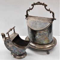 2 x Victorian ornate EPNS items inc biscuit caddy with swing lid marked Lee and Wigfull to base and a sugar scuttle - Sold for $43 - 2019