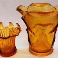 2 x pieces vintage pressed amber glass vases - various sizes - Sold for $35 - 2019