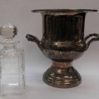 2 x vintage items incl silver-plated ice-bucket and cut crystal whiskey decanter with stopper - Sold for $37 - 2019