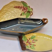 3 x pces 1930s Carltonware china - Deco angular Bleu Royale dish with gilt trim (29cms D), yellow 'Hollyhock' leaf dish & yellow Apple Blossom dish wi - Sold for $43 - 2019