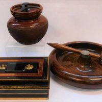 3 x pieces blokey items incl turned wooden bowl with gavel, cashbox with insert and ceramic tobacco canister with lid - Sold for $50 - 2019