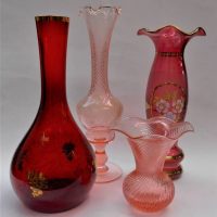 4 x vintage coloured glass vases incl ruby red with gold decoration, hand decorated and 2 x peach coloured vases - Sold for $35 - 2019